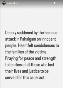 Virat Kohli X post on Pahalgam terror attack