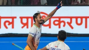 India's Dilpreet Singh (top) celebrates after scoring a goal against South Korea in the final of the Hockey Asia Cup 2025 in Rajgir. (PTI)